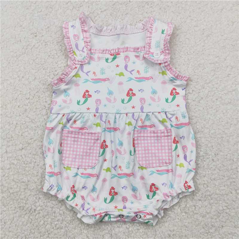 4.7 SR2880 Mermaid Princess Pink Plaid Pocket Lace White Vest Bodysuit