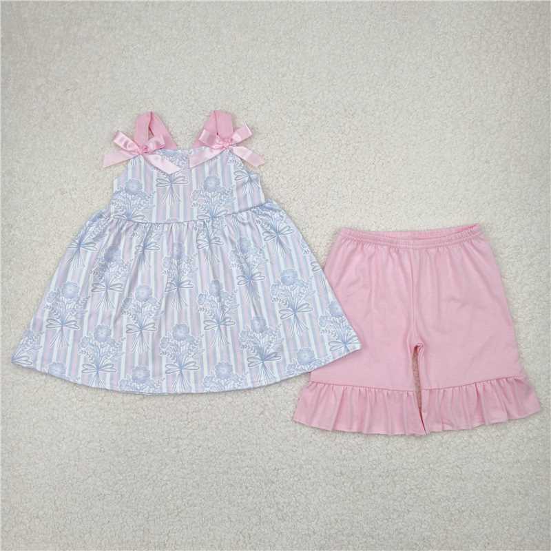 4.7 GSSO2429 Flower bouquet powder blue striped lace bow sleeveless shorts set