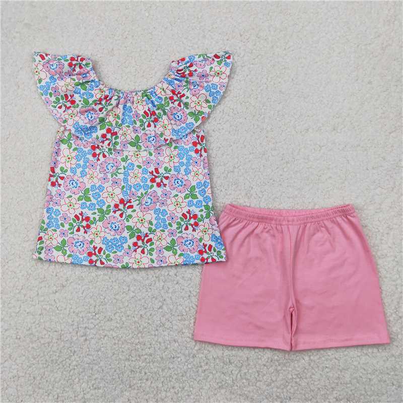 4.11 GSSO2277 Floral pink and blue floral lace sleeveless pink shorts set