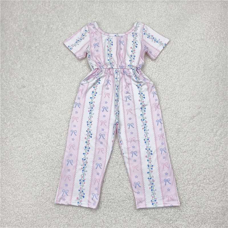 4.15 SR2941 Pink and white short-sleeved bodysuit with flower and bow pattern stripes