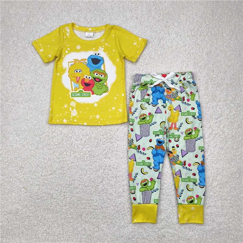 4.3 BSPO0314 Boys Sesame Street cartoon yellow green short-sleeved trousers suit