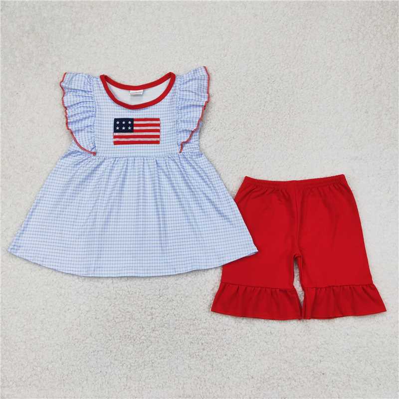 4.8 GSSO2238 Embroidered National Day flag blue plaid flying sleeves red shorts suit