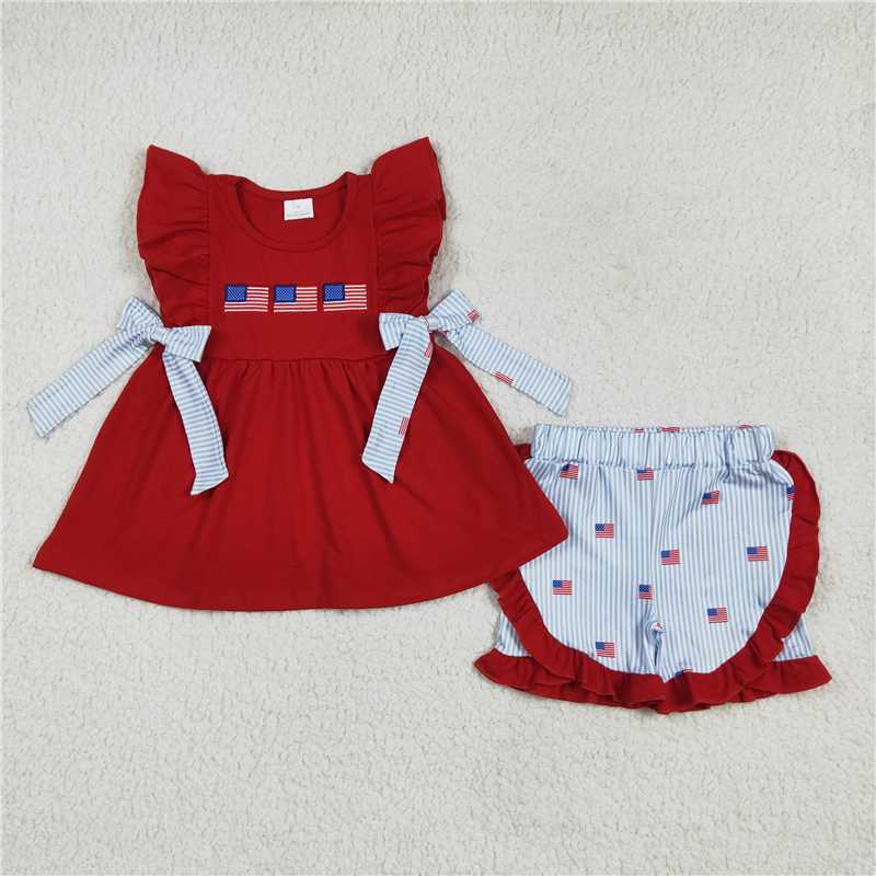 4.17 GSSO2375 Embroidered National Day flag striped bow red flying sleeve shorts suit