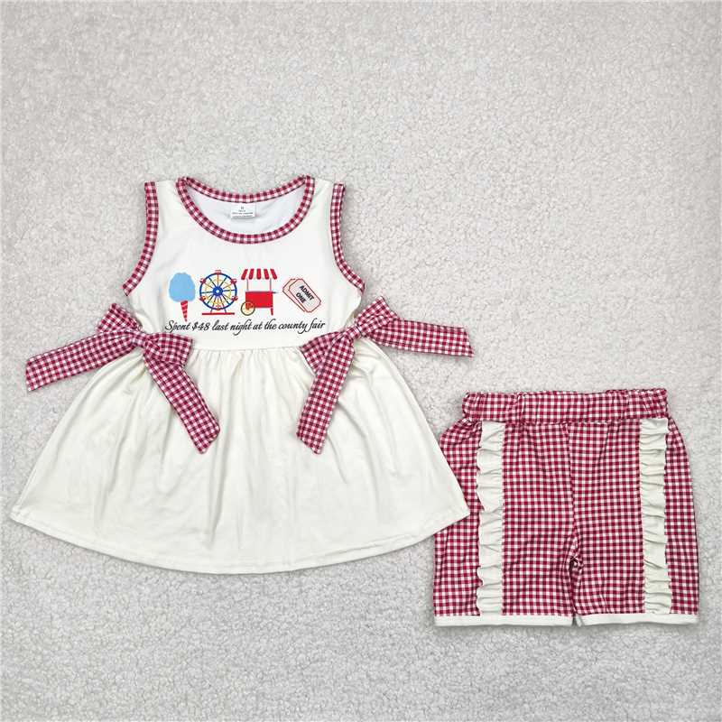 4.24 GSSO2518 Ferris wheel letter bow beige sleeveless red plaid shorts suit