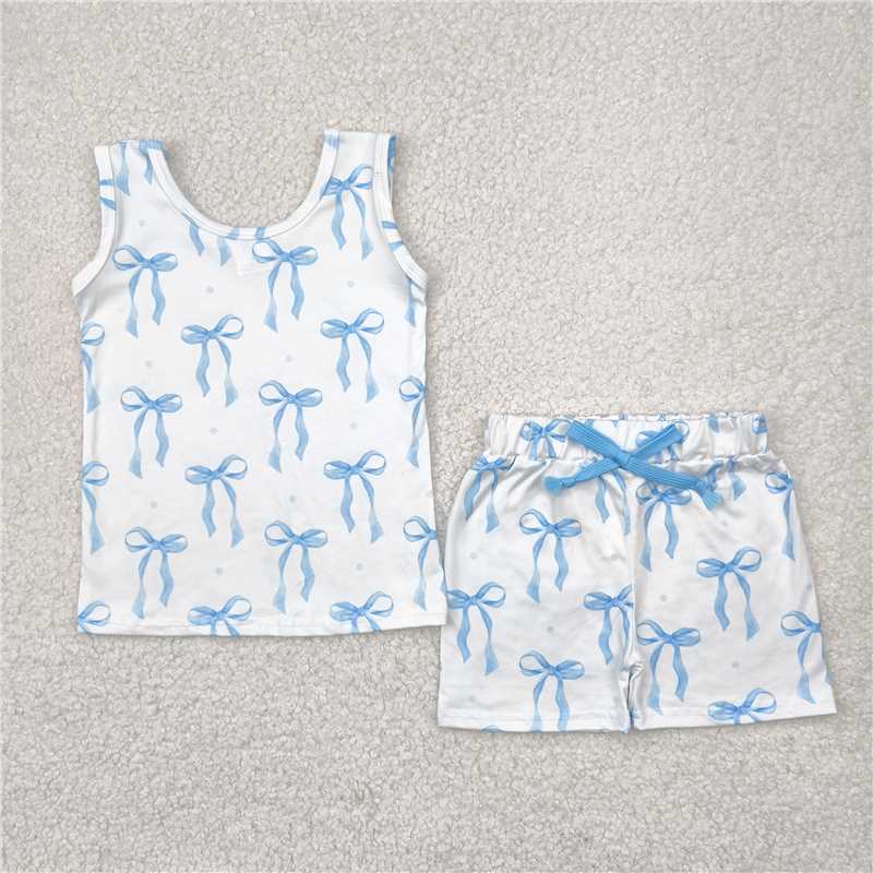 4.16 GSSO2478 White sleeveless shorts set with blue bow pattern