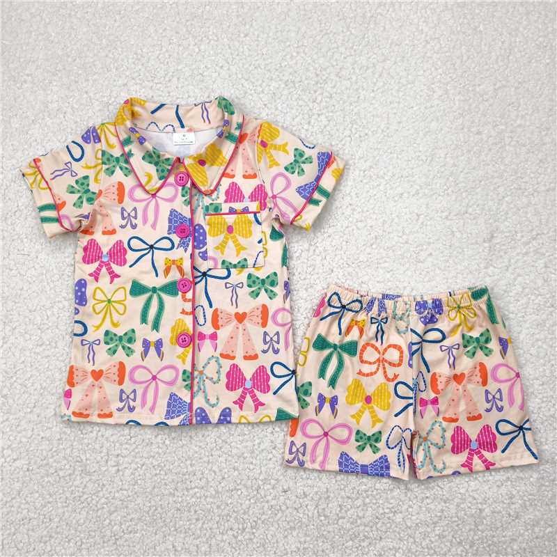 4.24 GSSO2487 Colorful pattern bow pattern beige short-sleeved shorts pajama set