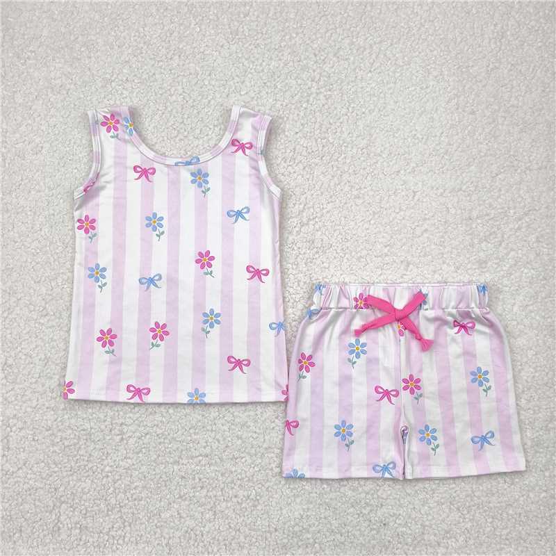 4.16 GSSO2476 Pink striped sleeveless shorts set with flower and bow pattern