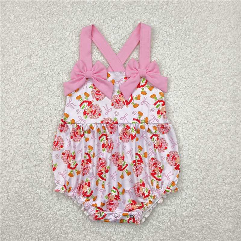 4.17 SR2933 Cartoon Strawberry Princess Girl Flower Pink Bowknot Pattern Vest Bodysuit