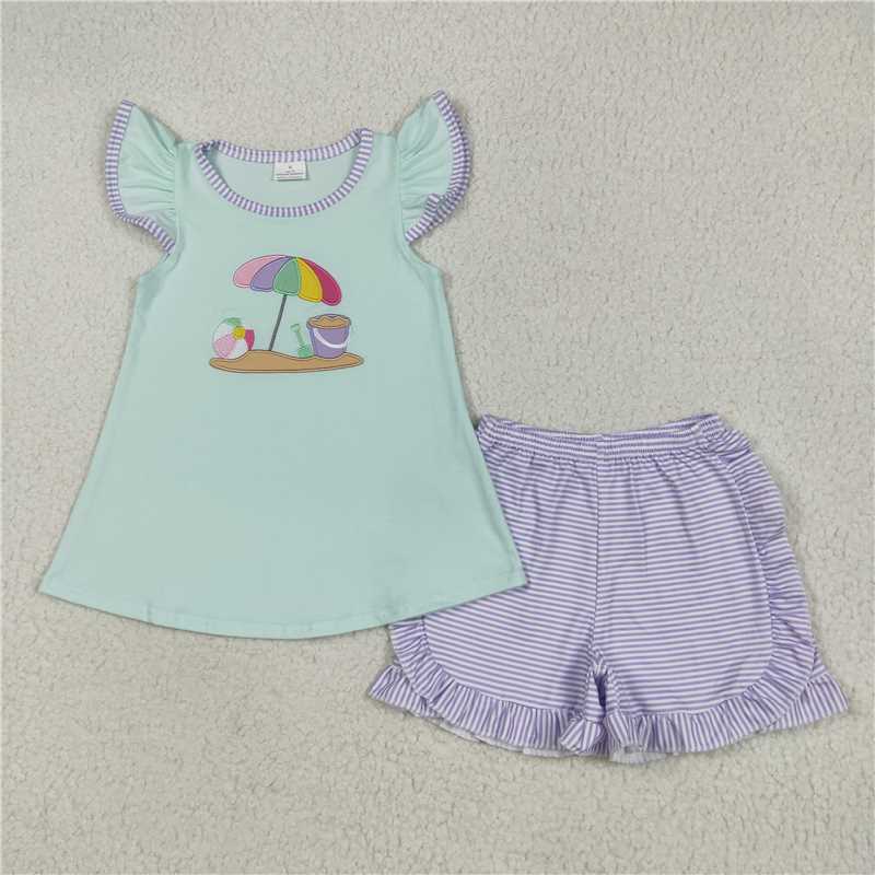 5.30 GSSO2553 Embroidered beach ball parasol flying sleeves purple striped shorts set