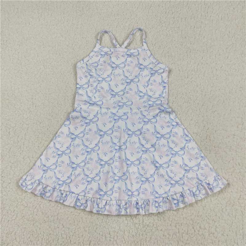 5.30 GSD2580 Pink flower and blue bow pattern yoga sleeveless dress