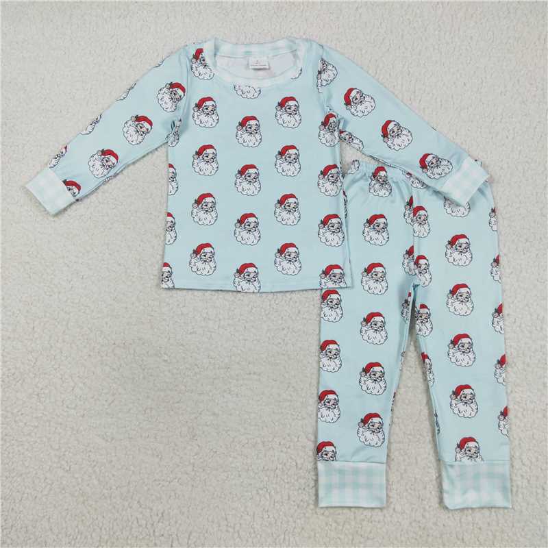 8.8 BLP1090 Santa Claus Plaid Blue Long-Sleeved Pants Pajama Set