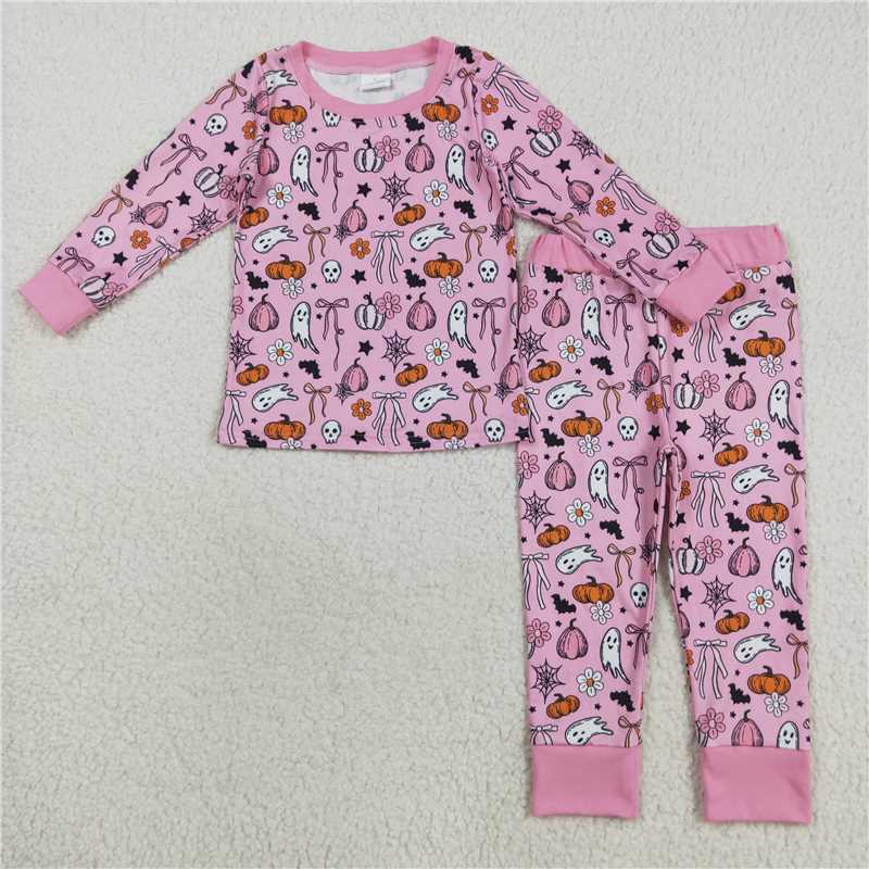 8.8 GLP2567 Pink Halloween long-sleeved pajama set with a spooky pumpkin and bow pattern