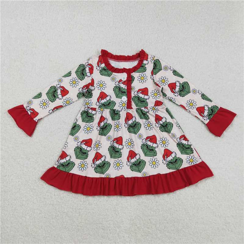 X828 GLD1230 Grinch long-sleeved dress with red floral lace and pink buttons