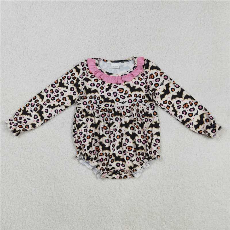 X829 LR2473 Halloween Bat Leopard Print Pink Lace Long Sleeve Bodysuit