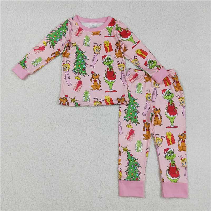 X829 GLP2591 Grinch Girls Puppy Christmas Tree Pink Long Sleeve Pants Pajama Set
