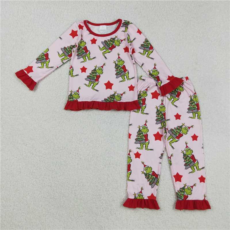 X829 GLP2646 Grinch Christmas Tree Star Red Lace Pink Long-Sleeved Pants Pajama Set