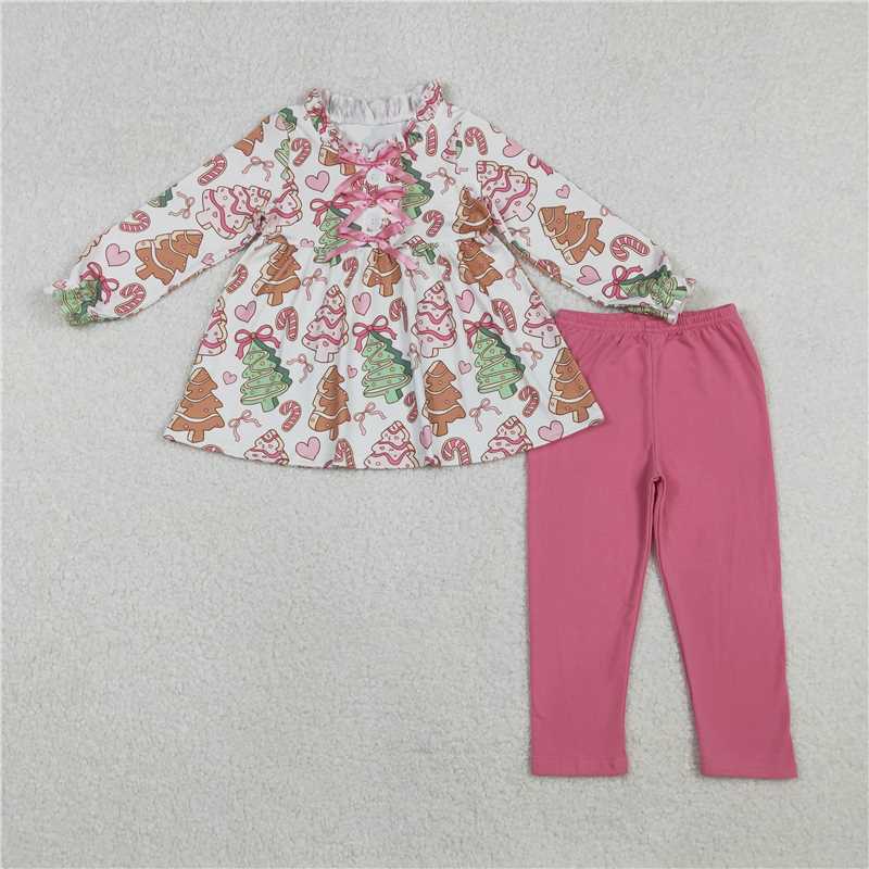 X11.7 GLP2629 Christmas Tree Heart Candy Cane Bow Pattern White Long-Sleeved Shirt and Pink Pants Set