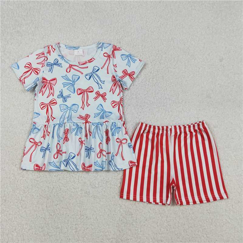 X12.29 GSSO2838 National Day Red and Blue Bow Pattern Short-Sleeved Striped Shorts Set