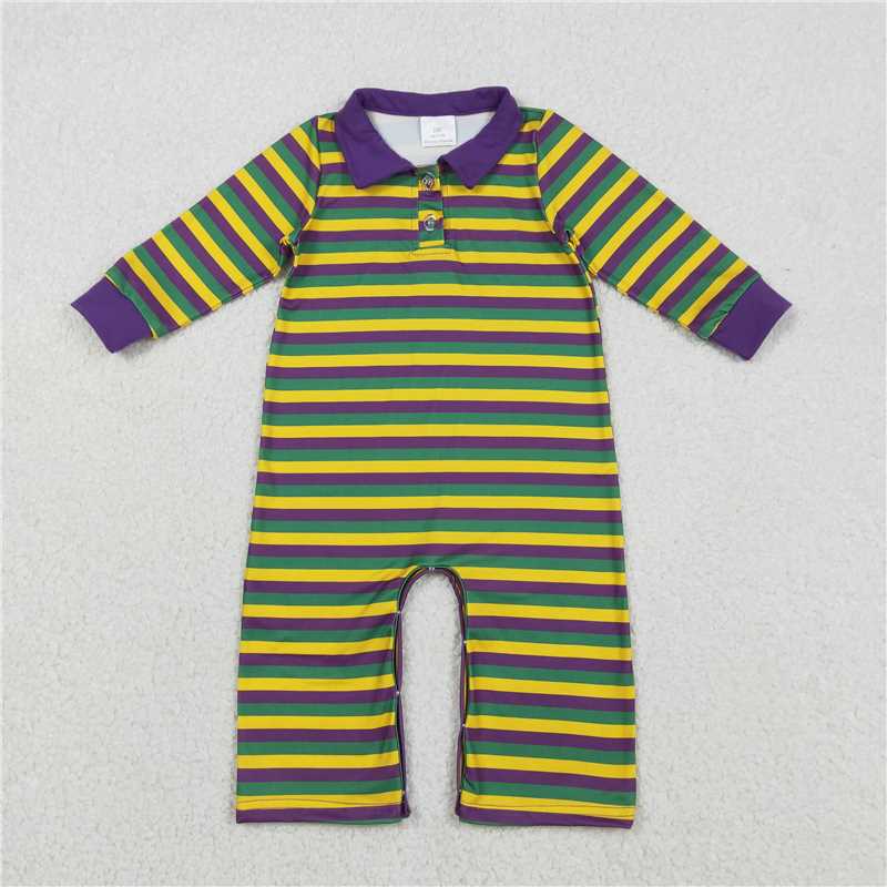 X1.5 LR2679 Carnival Yellow-Green-Purple Striped Button-Up Long-Sleeved Jumpsuit