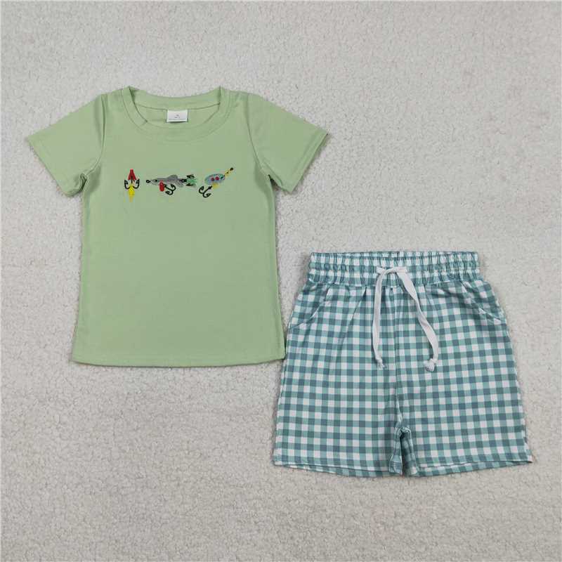X1.10 BSSO1621 Embroidered Fishing Bait Green Short-Sleeve Plaid Shorts Set