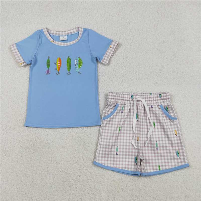 X1.10 BSSO1617 Embroidered Fishing Bait Blue Short-Sleeve T-Shirt and Gray Plaid Shorts Set