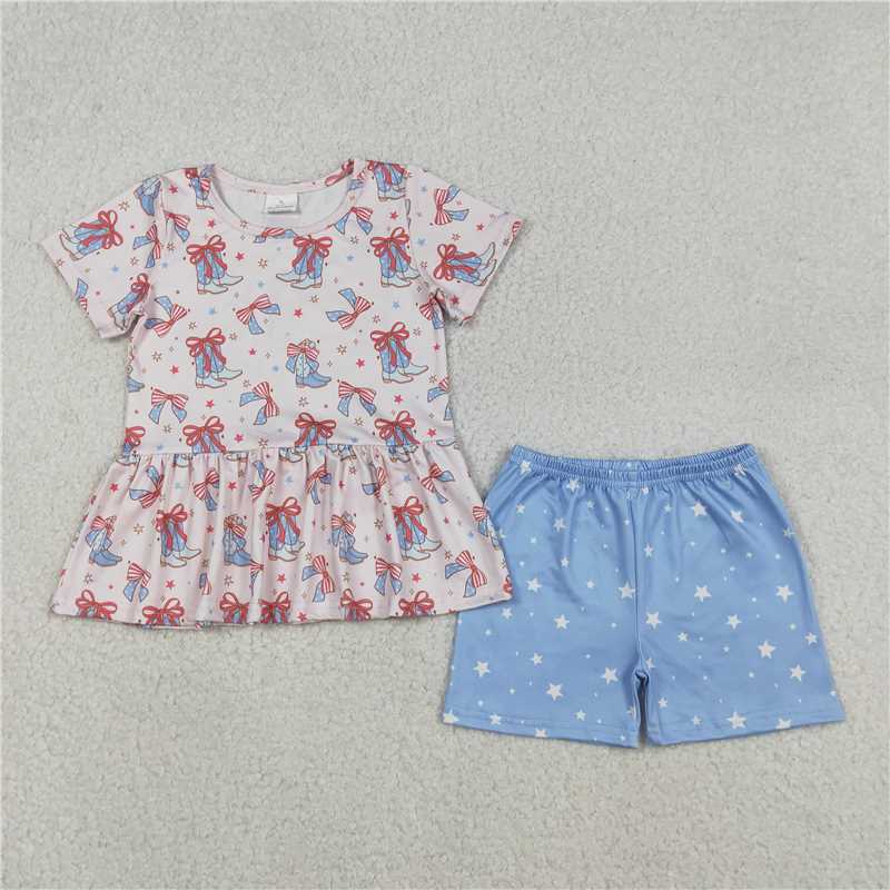 X12.29 GSSO2837 National Day Star and Bow Pattern Boots Short-Sleeve Blue Shorts Set