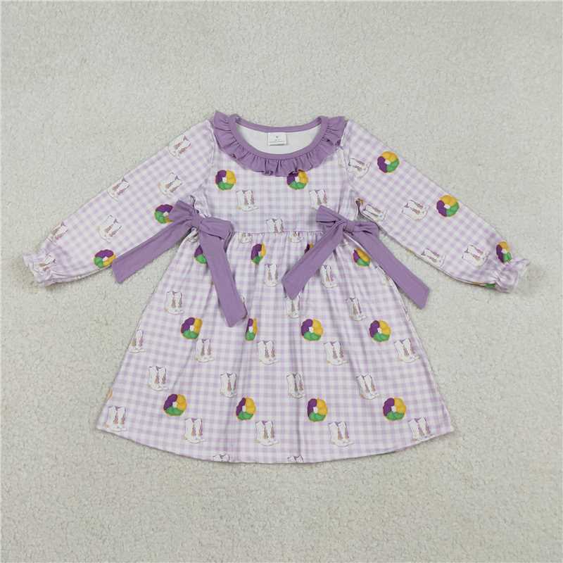 X12.26 GLD1379 Carnival Boots Purple Lace Plaid Long-Sleeved Dress