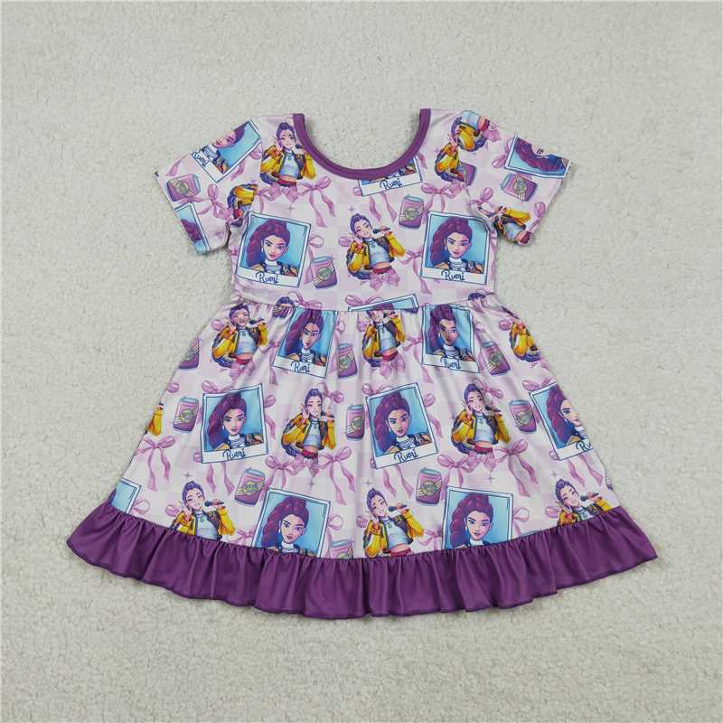 X12.23 GSD3272 Kpop Photo Bow Pattern Plaid Purple Lace Short-Sleeve Dress