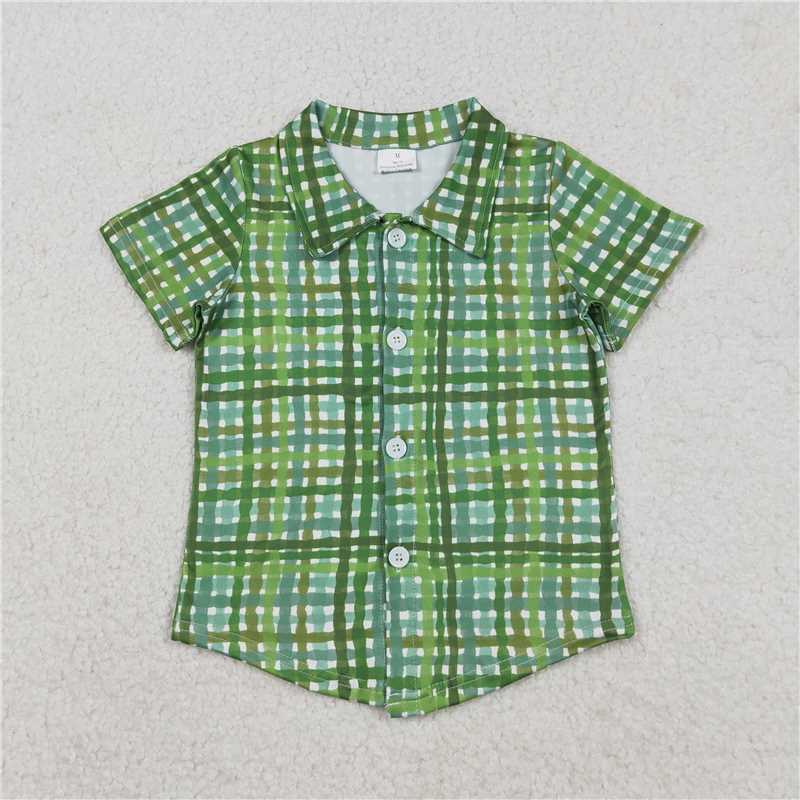 X12.30 BT1456 St. Patrick's Day Green Plaid Button-Down Short-Sleeve Top