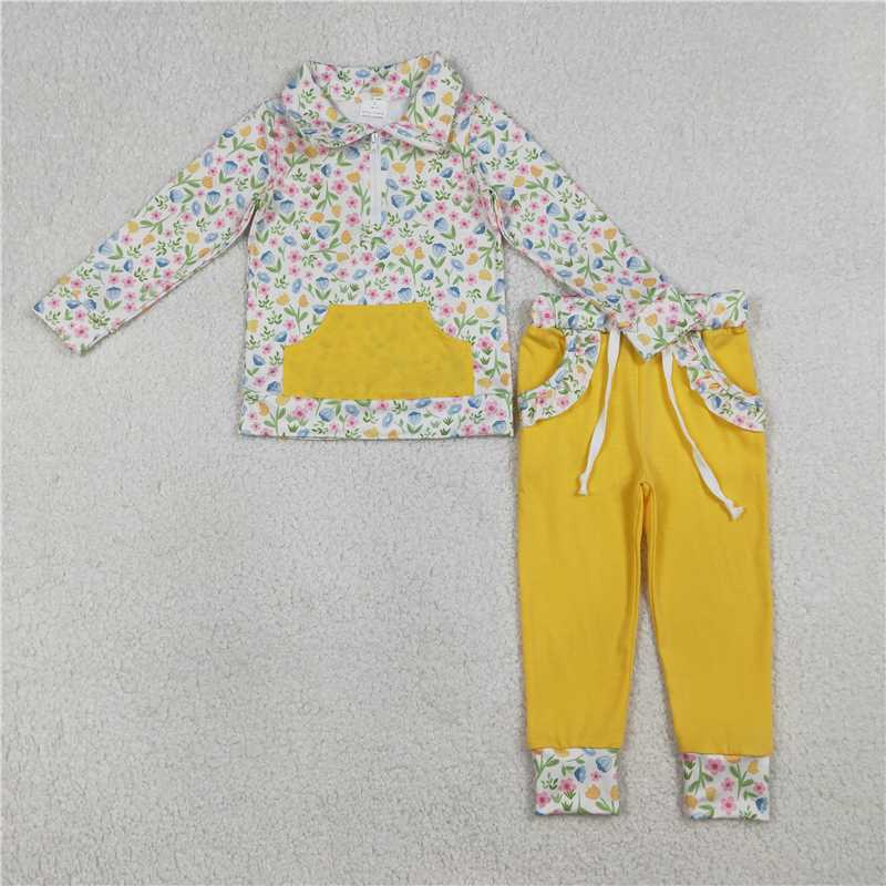 X1.19 GLP3280 Colorful Floral and Leaf Yellow Pocket Zipper Long-Sleeve Pants Set