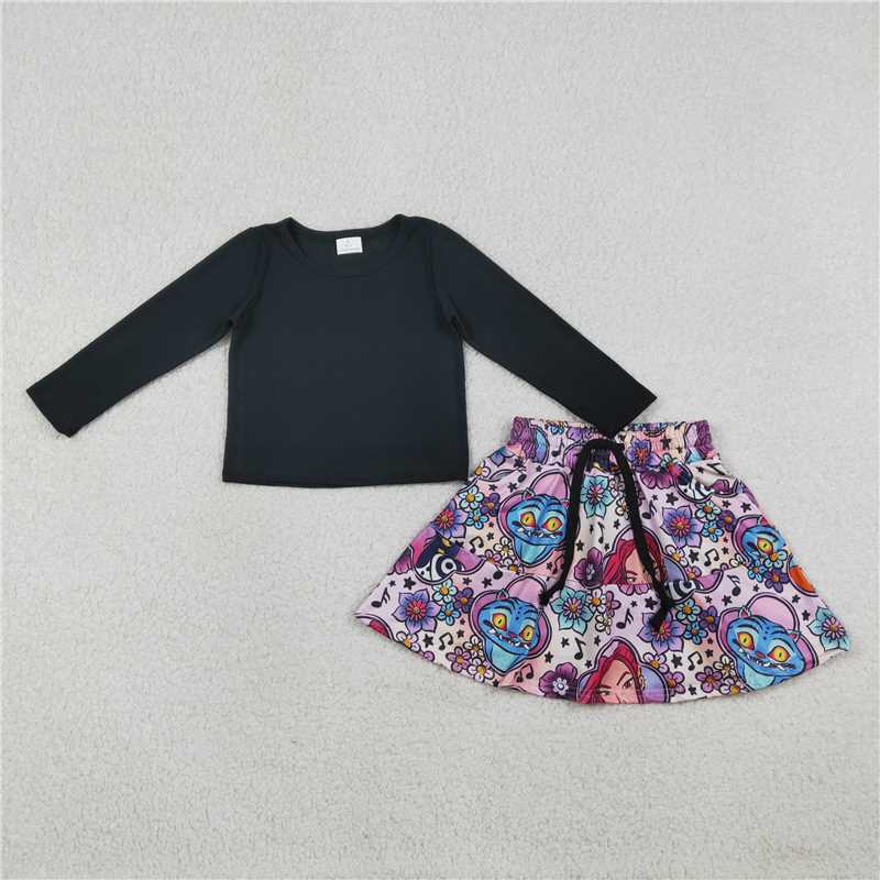 X1.19 GLD1425 Kpop Solid Black Long-Sleeved Pants Skirt Set