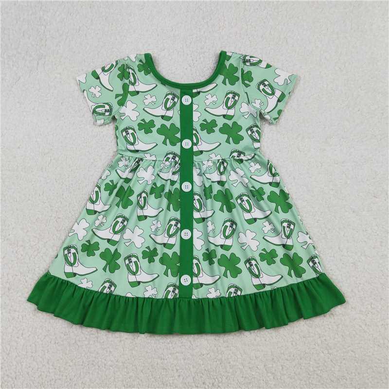 X1.17 GSD3404 Boot-style four-leaf clover green lace button short-sleeved dress
