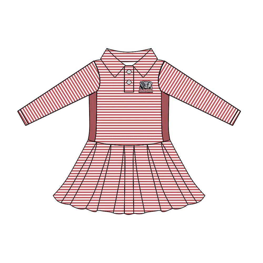 7.30Preorder (moq 5)Baby Girls Long Sleeve Stripe Button Alabama Team Knee Length Dresses