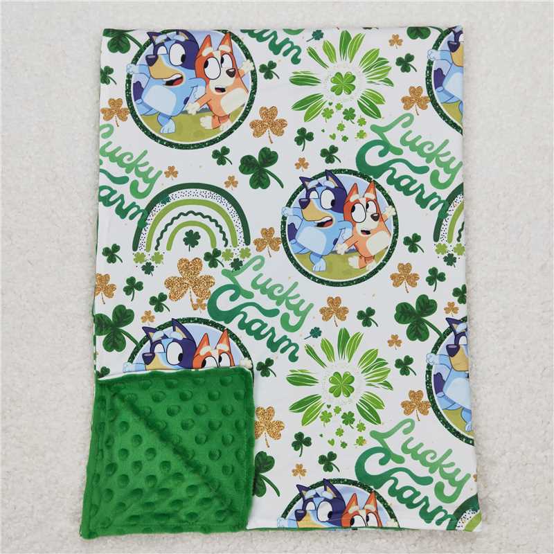 4.21BL0105 lucky charm cartoon bluey four leaf clover green baby blanket