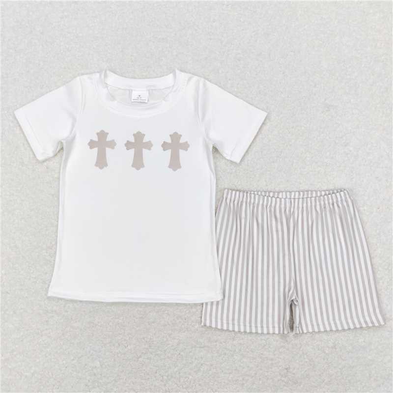 BSSO0354 Cross white short sleeve brown striped shorts suit