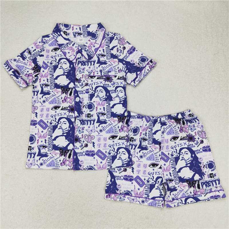 4.10 GSSO0987 Adult female guts butterfly purple and white short-sleeved shorts pajamas set