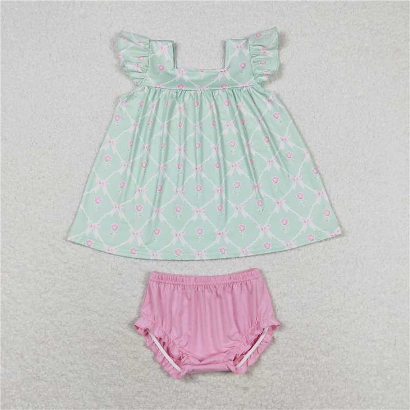 GBO0353 Flower bow green flying sleeves pink briefs suit