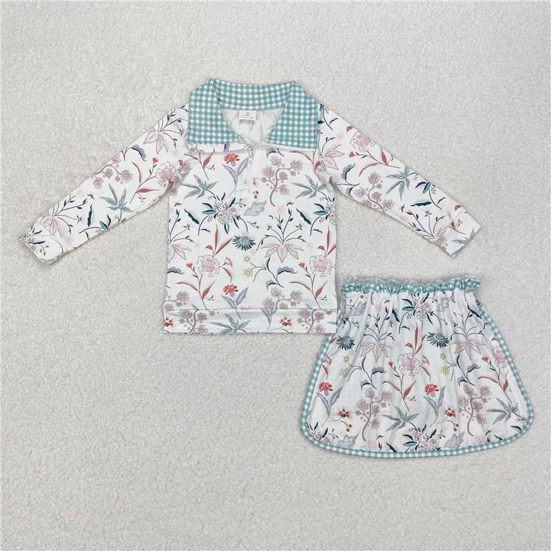 4.23GLD0973 Flower and leaf green plaid zipper long-sleeved short skirt suit