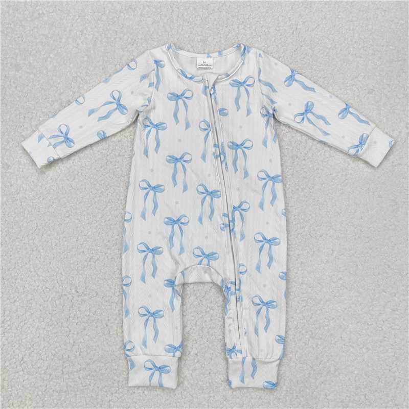LR2070 Special fabric Blue bow pattern White zipper long-sleeved jumpsuit