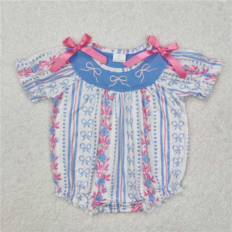 4.22SR2131 Embroidered pink bow flower striped short-sleeved jumpsuit