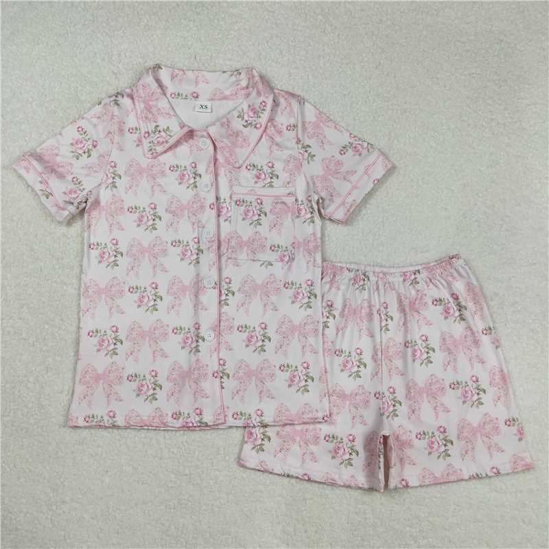 4.9 GSSO1779 Adult female floral flower leaf bow pattern pink short-sleeved shorts pajamas set