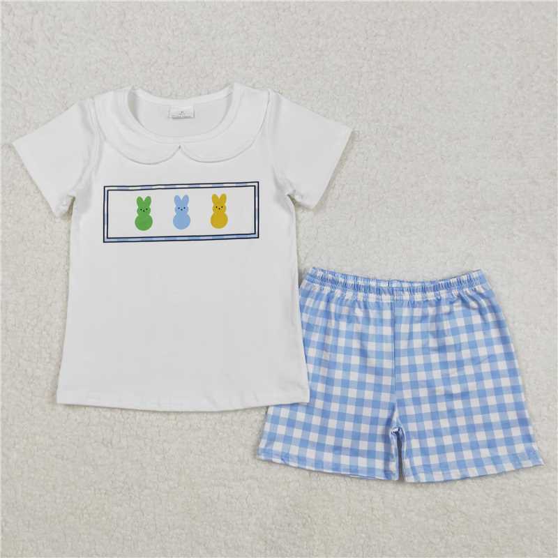 BSSO1243 Easter bunny collar white short sleeve blue plaid shorts set