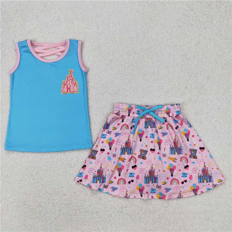3.25 GSD2072 Castle solid blue vest pink skirt set