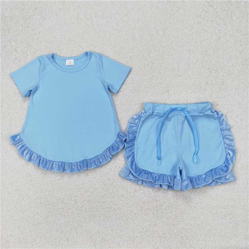 3.25 GSSO2183 Solid blue lace short-sleeved shorts set
