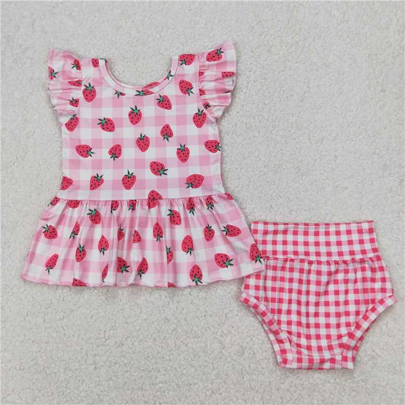 4.7 GBO0264 Strawberry pink and white plaid lace flying sleeve briefs set