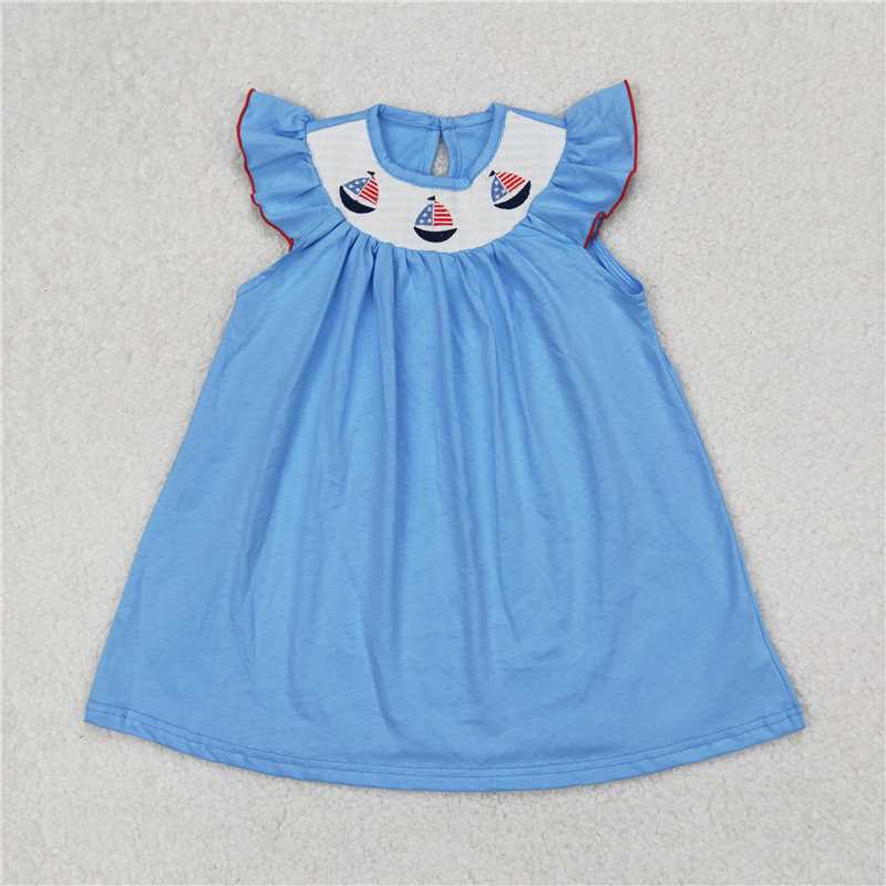 3.24 GSD1818 smocked National Day Embroidered Sailboat Blue Flying Sleeve Dress