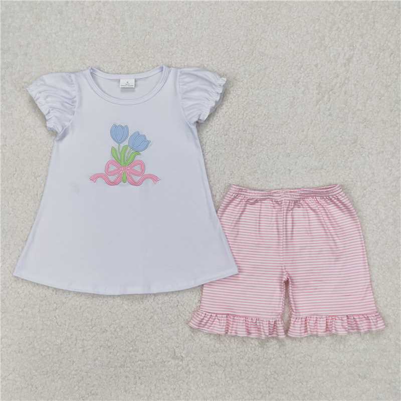 3.25 GSSO2275 Embroidered tulip flower bow pattern white short sleeve pink striped shorts suit