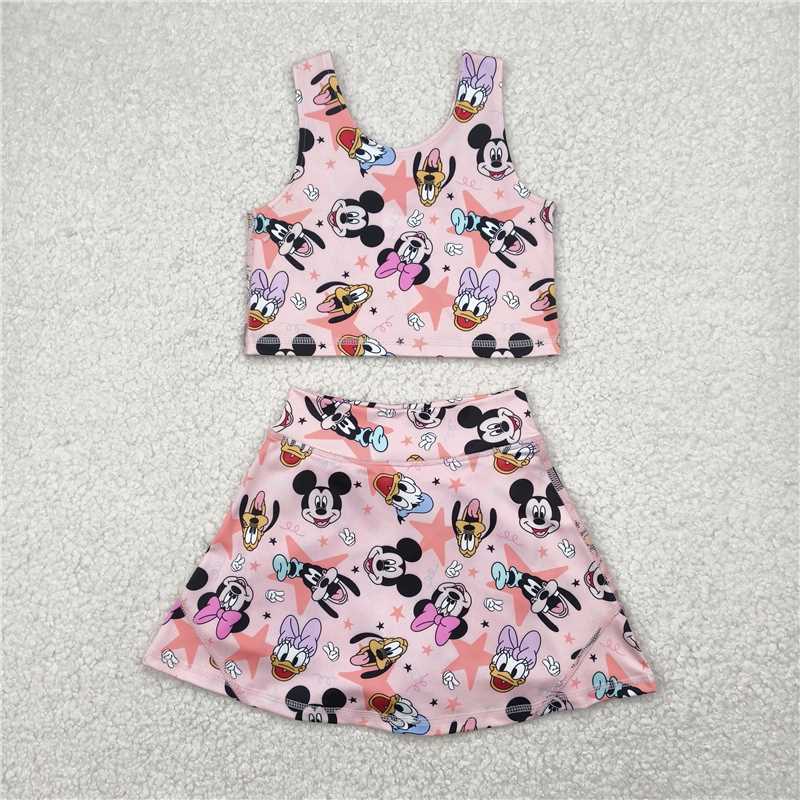 4.24 GSD2332 Mickey Donald Duck star pink vest skirt yoga set