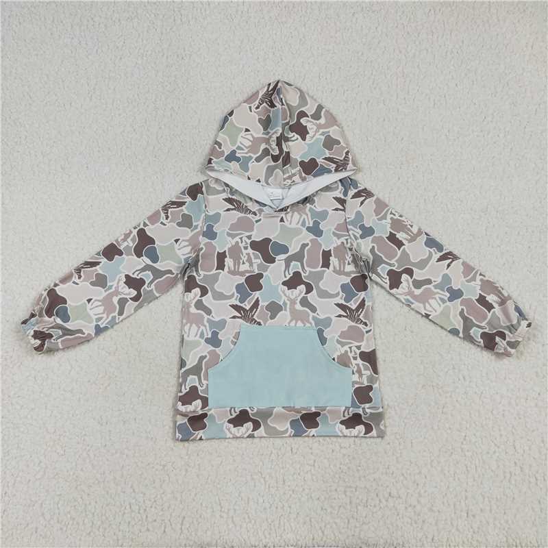 X10.13 BT1268 Duck and Elk Camouflage Pocket Hooded Long-Sleeved Top