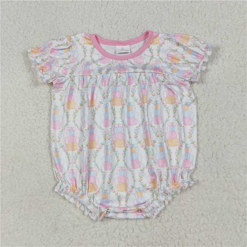 7.8 SR3151 Bow pattern pumpkin flower plaid short-sleeved jumpsuit